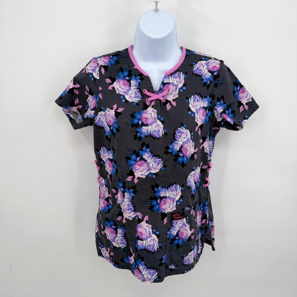 Betsey‎ Johnson Women XS Scrub Top Floral Rose Pink Blue V-Neck Medical Uniform
